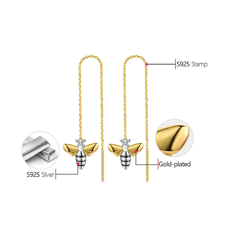 Handmade Gold-Plated Bee Drop Earrings – Real 925 Sterling Silver Nature-Inspired Jewelry
