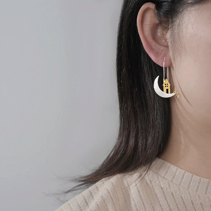 Handmade 18K Gold-Plated Moon &amp; House  Drop Earrings – Real 925 Sterling Silver Celestial Jewelry