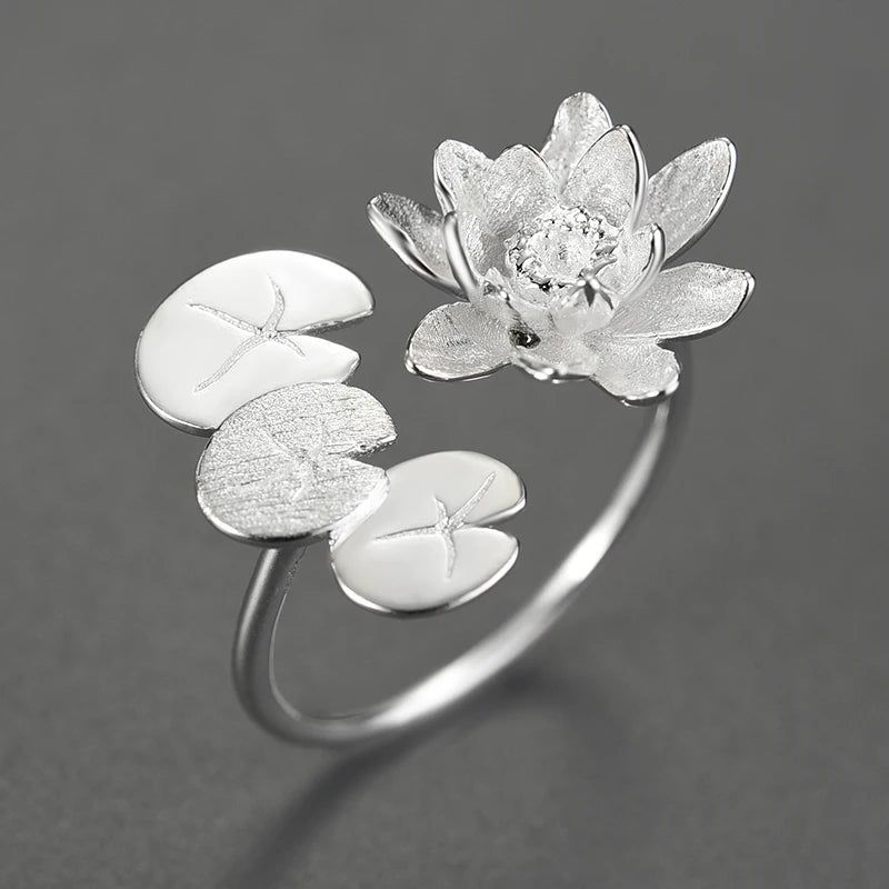 925 Sterling Silver Water Lily & Lotus Adjustable Ring – Elegant Statement Jewelry for Women