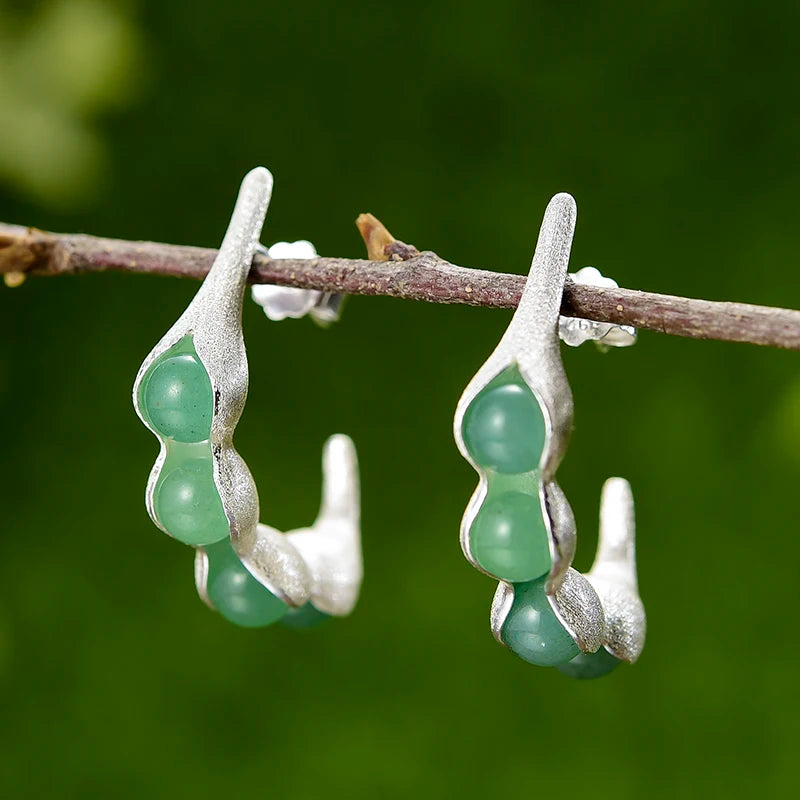 Handmade Pea Pod Drop Earrings – Real 925 Sterling Silver with Aventurine
