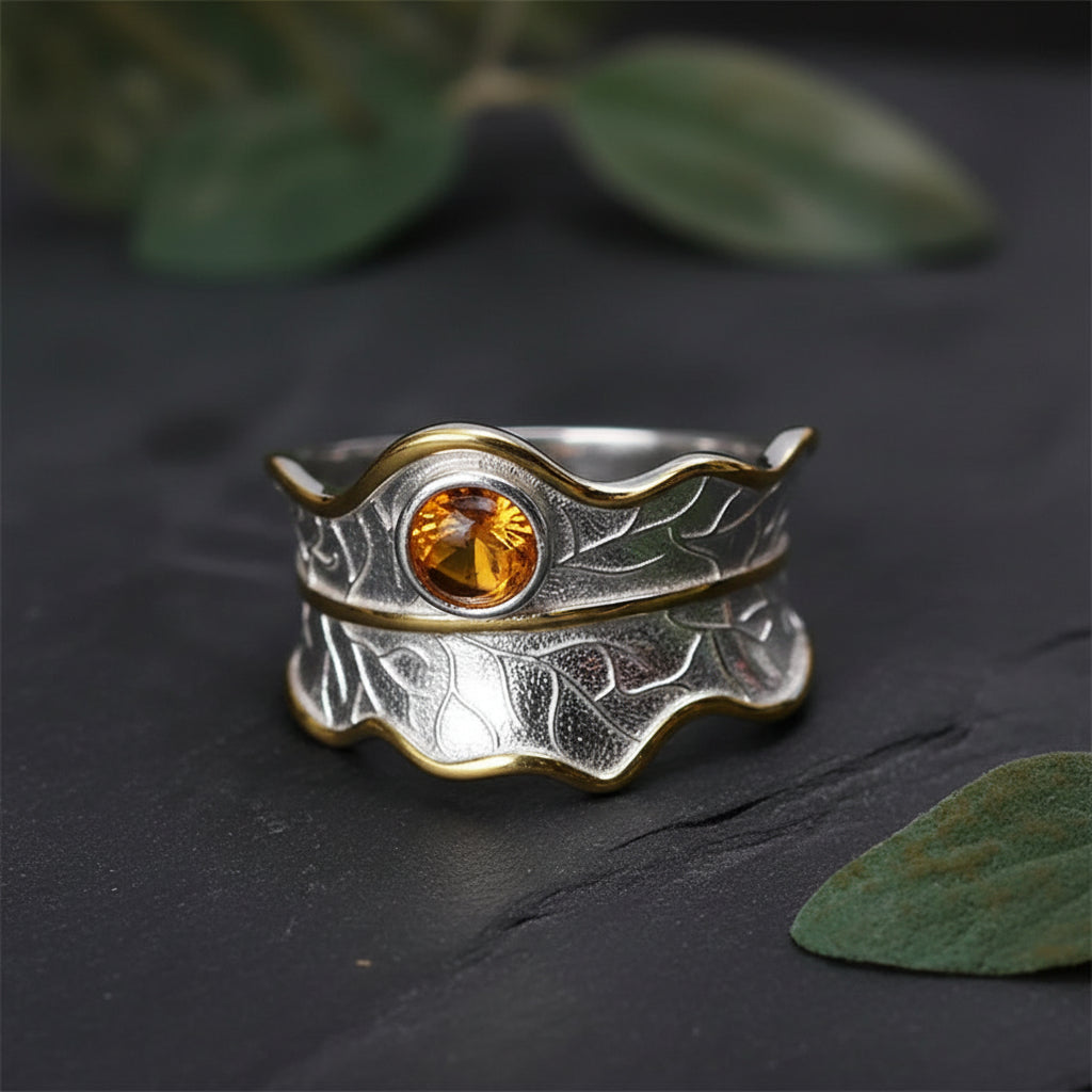 925 Sterling Silver Leaf‑Design Ring with Golden Gemstone – Two‑Tone Nature Inspired Jewelry