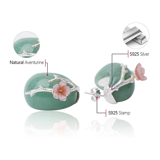 Handmade Green Aventurine Earrings –  with 18K Gold-Plated 925 Silver & Pink Plum Blossom