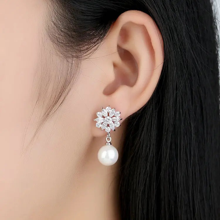 Sana Earring/ Silver Color Blue Crystal Simulated Pearl Dangle Earrings – Elegant Drop Design for Special Occasions