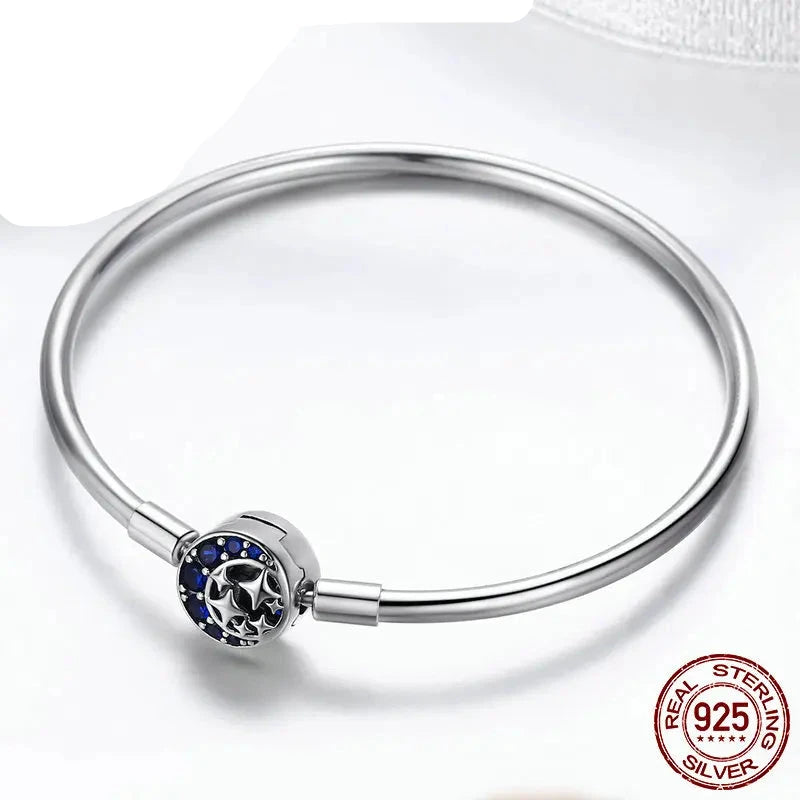 Sterling Silver 925 Star with Blue Crystal Moon and Star jewelry Bracelet