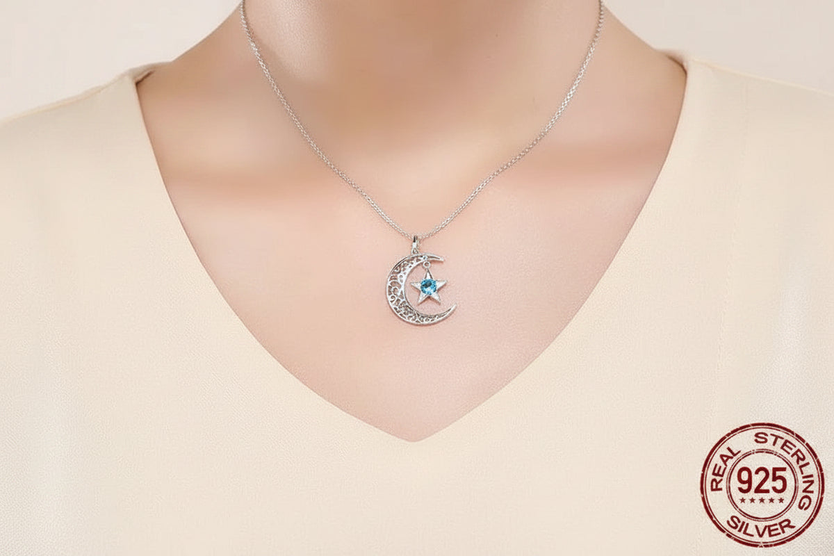Real 925 Sterling Silver – Blue Round CZ – Adjustable Chain  – Moon & Star Pendant