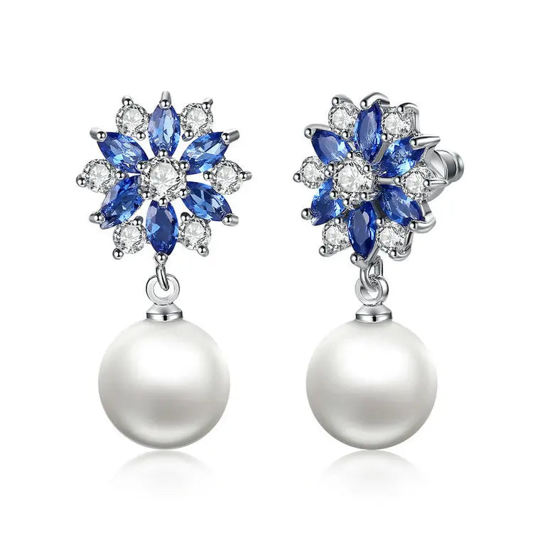 Sana Earring/ Silver Color Blue Crystal Simulated Pearl Dangle Earrings – Elegant Drop Design for Special Occasions
