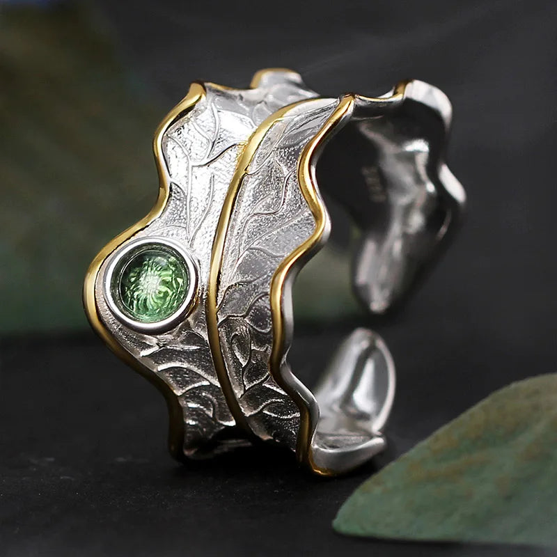 925 Sterling Silver Leaf‑Design Ring with Golden Gemstone – Two‑Tone Nature Inspired Jewelry
