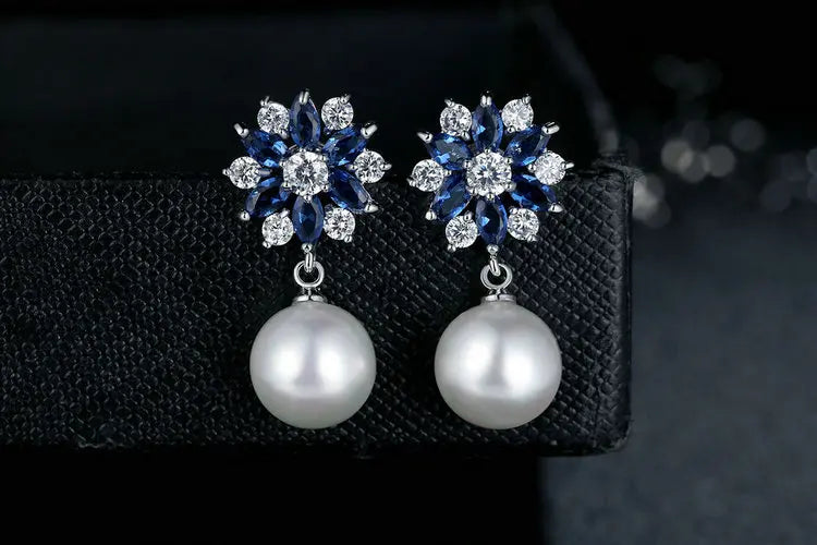 Sana Earring/ Silver Color Blue Crystal Simulated Pearl Dangle Earrings – Elegant Drop Design for Special Occasions