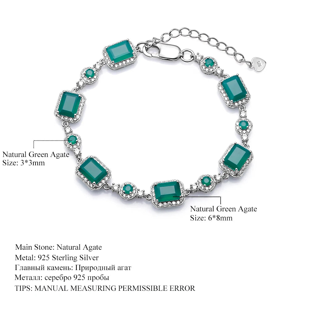 Silver bracelet with green agate stones on a white background