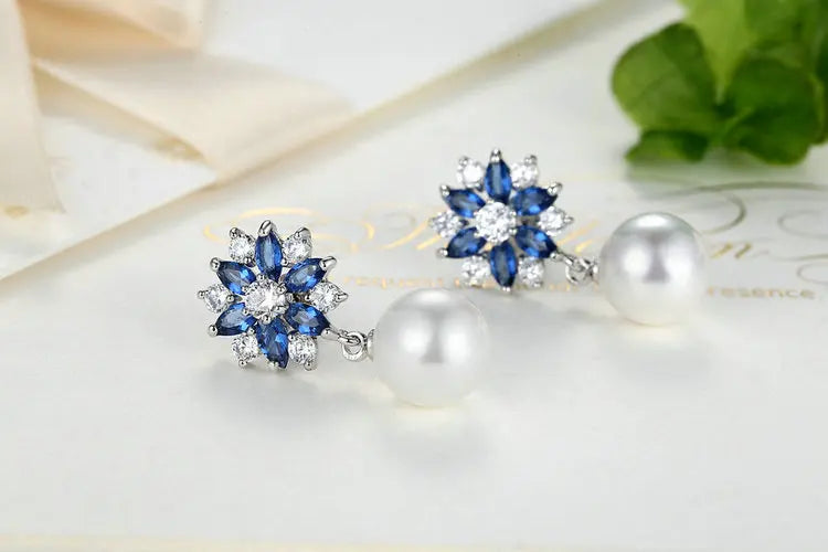 Sana Earring/ Silver Color Blue Crystal Simulated Pearl Dangle Earrings – Elegant Drop Design for Special Occasions