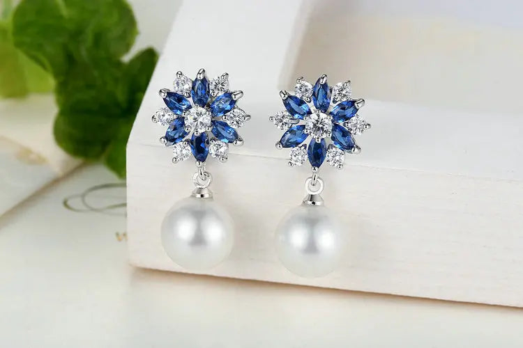 Sana Earring/ Silver Color Blue Crystal Simulated Pearl Dangle Earrings – Elegant Drop Design for Special Occasions