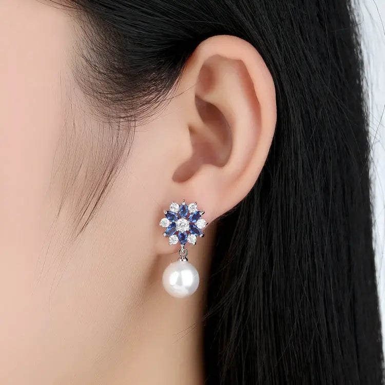 Sana Earring/ Silver Color Blue Crystal Simulated Pearl Dangle Earrings – Elegant Drop Design for Special Occasions