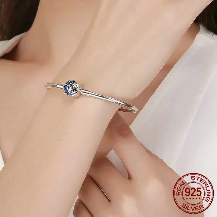 Sterling Silver 925 Star with Blue Crystal Moon and Star jewelry Bracelet