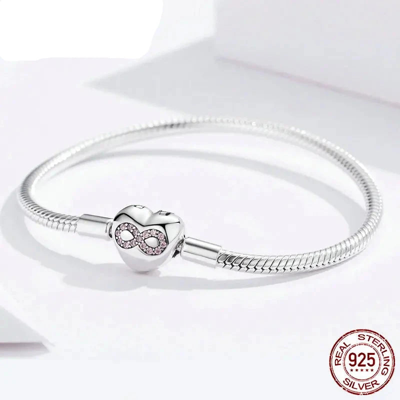 Sterling Silver 925 Heart & Infinity jewelry Bracelet with Pink Zircon