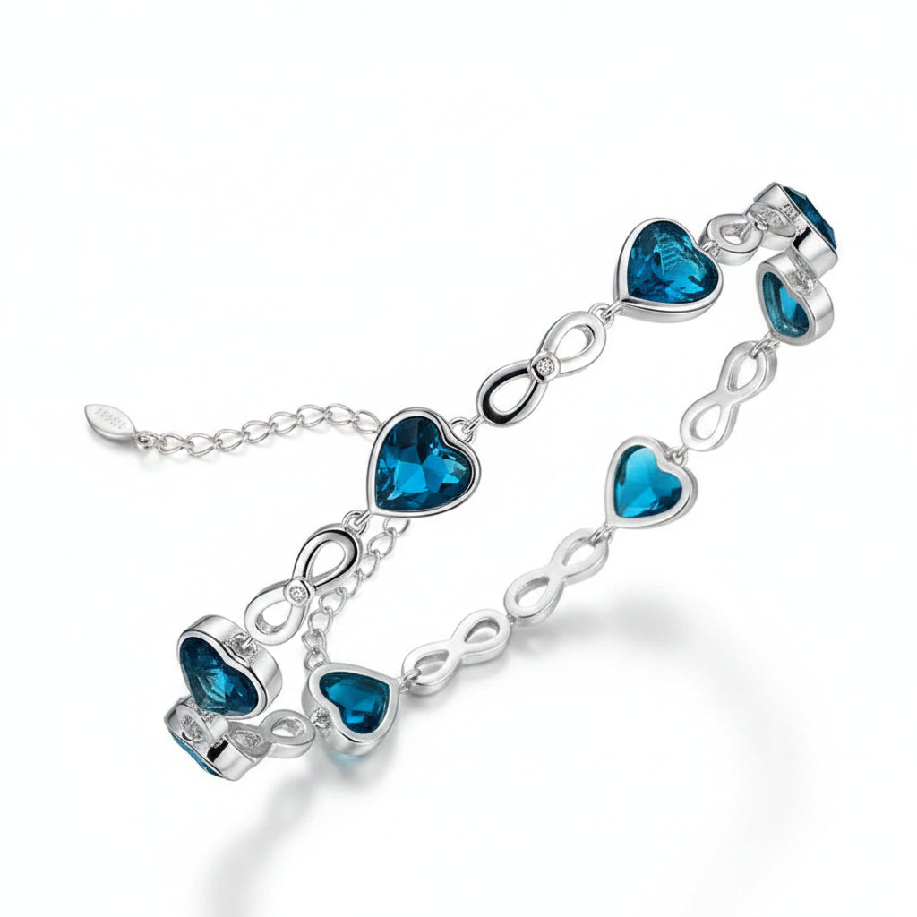 Sterling Silver 925 Bracelet with Blue Zircon Stones – Heart & Infinity Design
