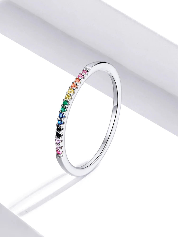 925 Sterling Silver Full Pave CZ Stackable Jewelry Rings – Multicolor Gemstone Inlay Rainbow Band Set for Women