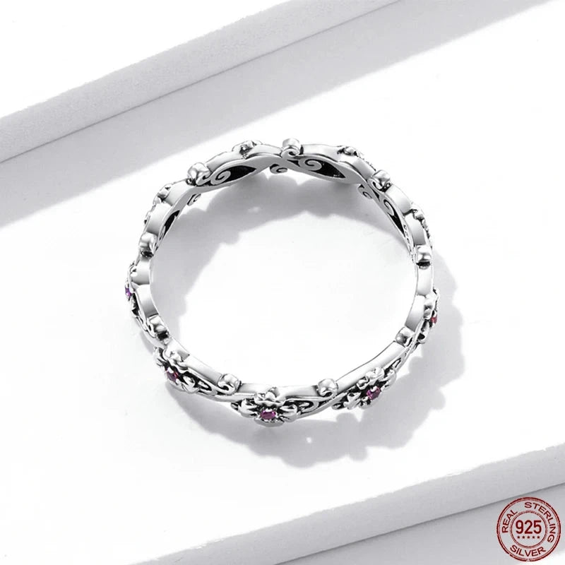 925 Sterling Silver Pink Floral Eternity Ring – Elegant Vintage‑Inspired Fine Jewelry for Women