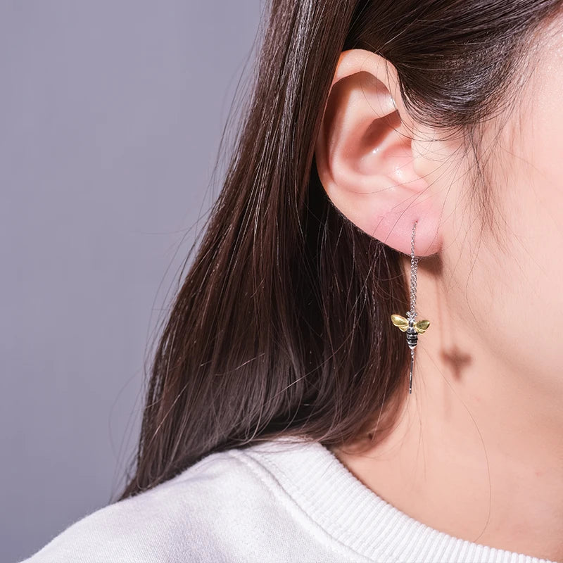 Handmade Gold-Plated Bee Drop Earrings – Real 925 Sterling Silver Nature-Inspired Jewelry