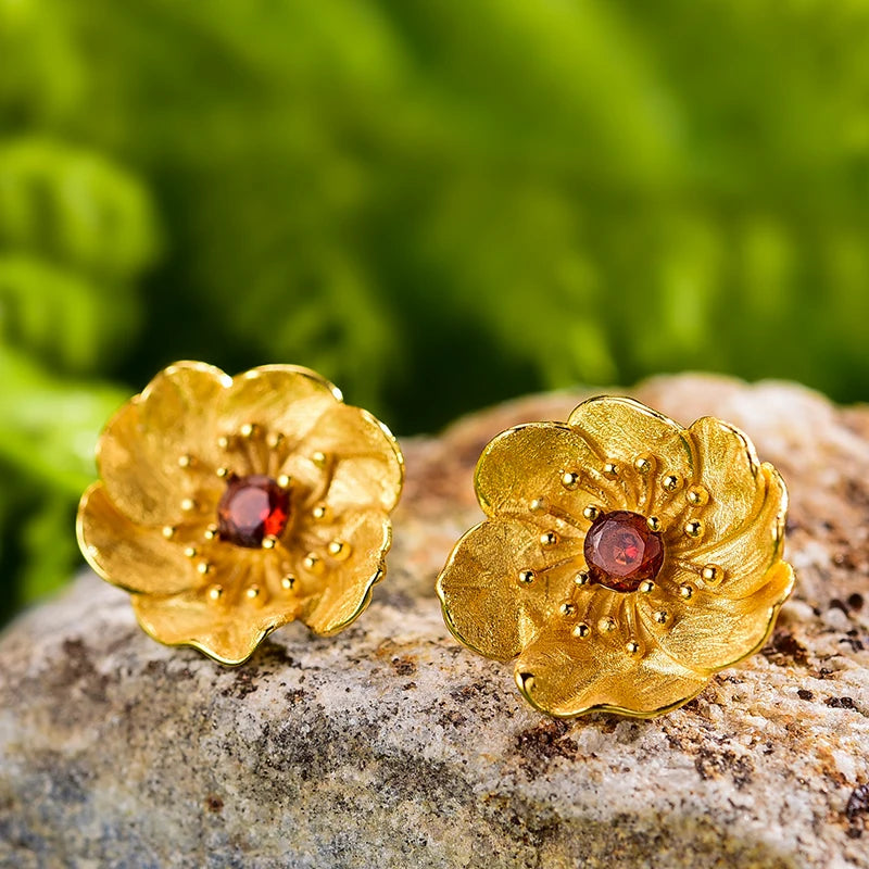Handmade 18K Gold-Plated Floral Stud Earrings –  925 Sterling Silver with Multiple Gemstone Options