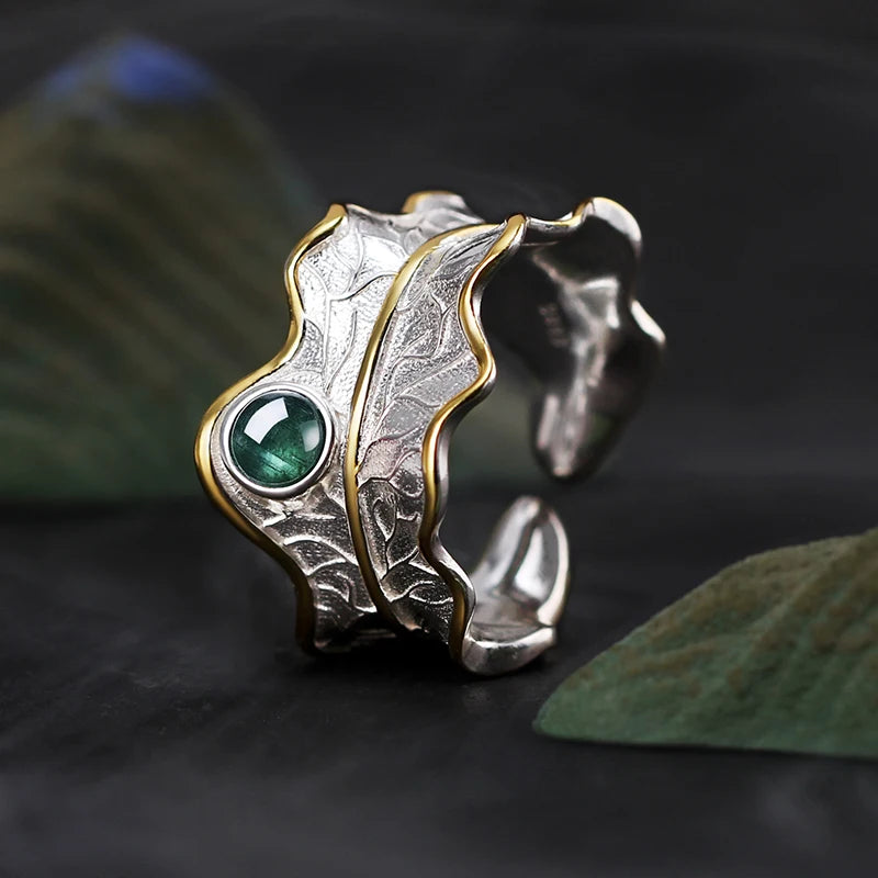 925 Sterling Silver Leaf‑Design Ring with Golden Gemstone – Two‑Tone Nature Inspired Jewelry