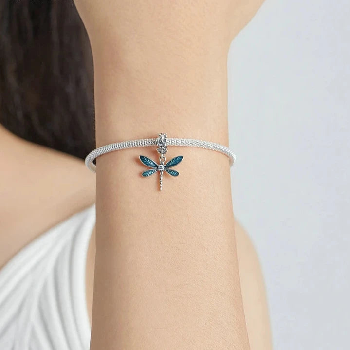 925 Sterling Silver Blue Dragonfly Dangle Charm Jewelry