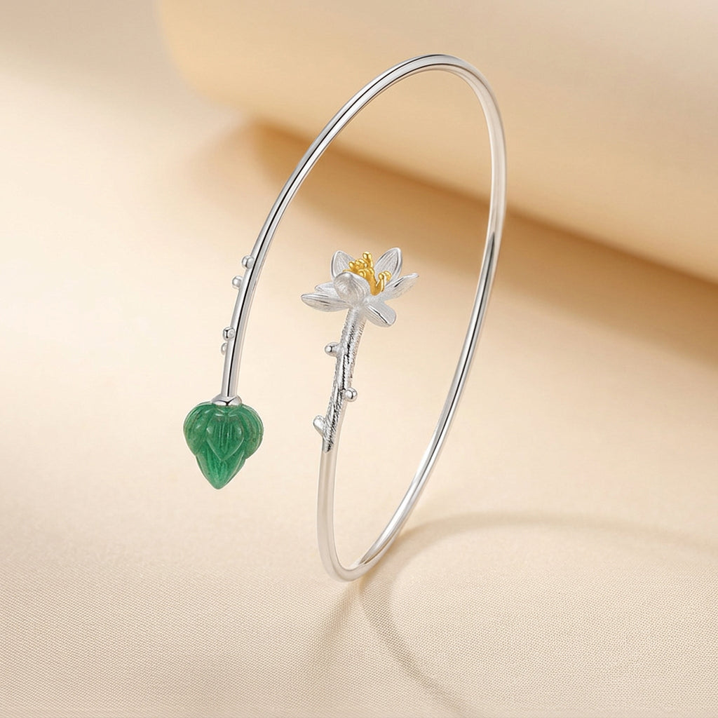 925 sterling silver handmade flower cuff bracelet featuring a natural green aventurine gemstone, elegant botanical jewelry for women.
