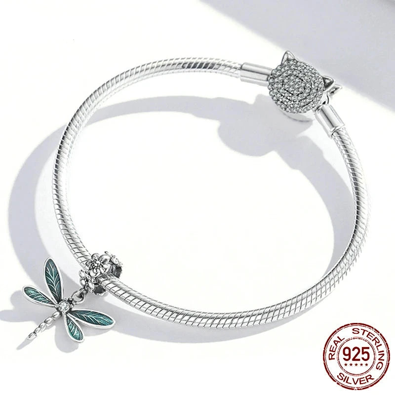 925 Sterling Silver Blue Dragonfly Dangle Charm Jewelry