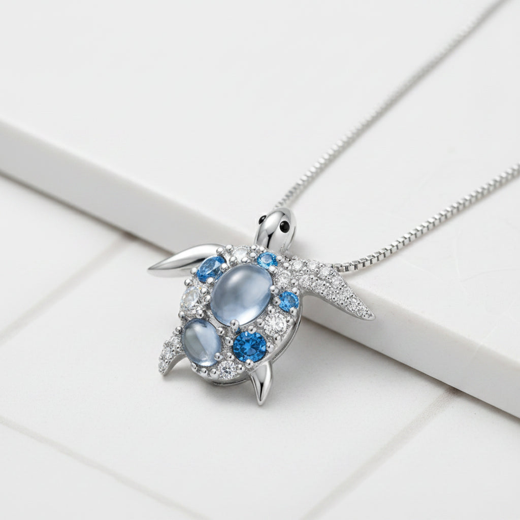 925 sterling silver turtle pendant necklace with blue CZ stones and platinum plating, 400mm + 50mm adjustable chain