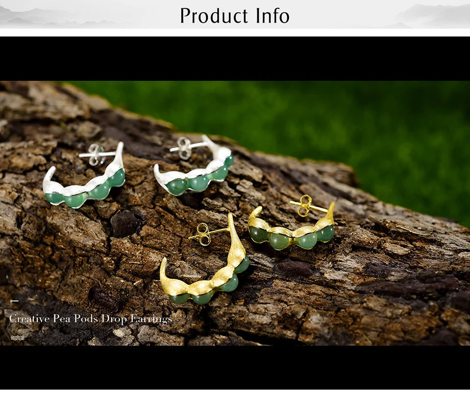 Handmade Pea Pod Drop Earrings – Real 925 Sterling Silver with Aventurine