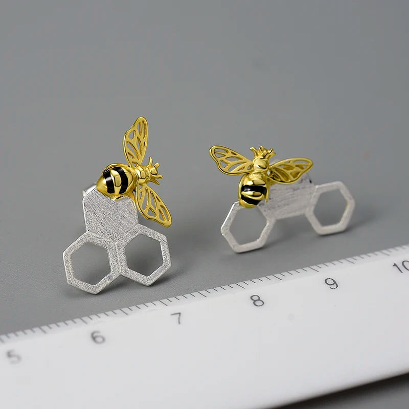 Handmade 18K Gold-Plated Bee Stud Earrings – Real 925 Sterling Silver Honeycomb Design