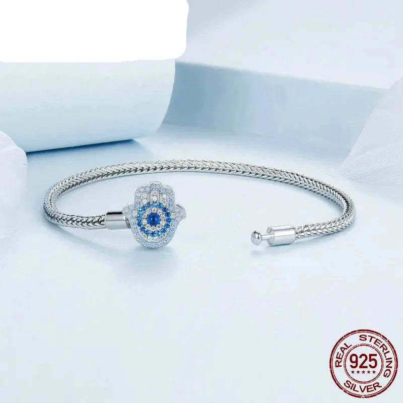 925 Sterling Silver Platinum-Plated Blue Zircon Evil Eye Charm Bracelet