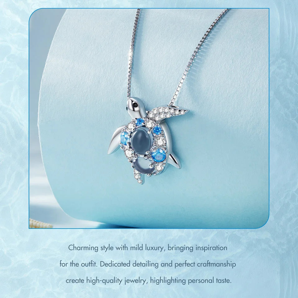 Blue Ocean Turtle jewelry Necklace – 925 Sterling Silver, Platinum Plated & ZC