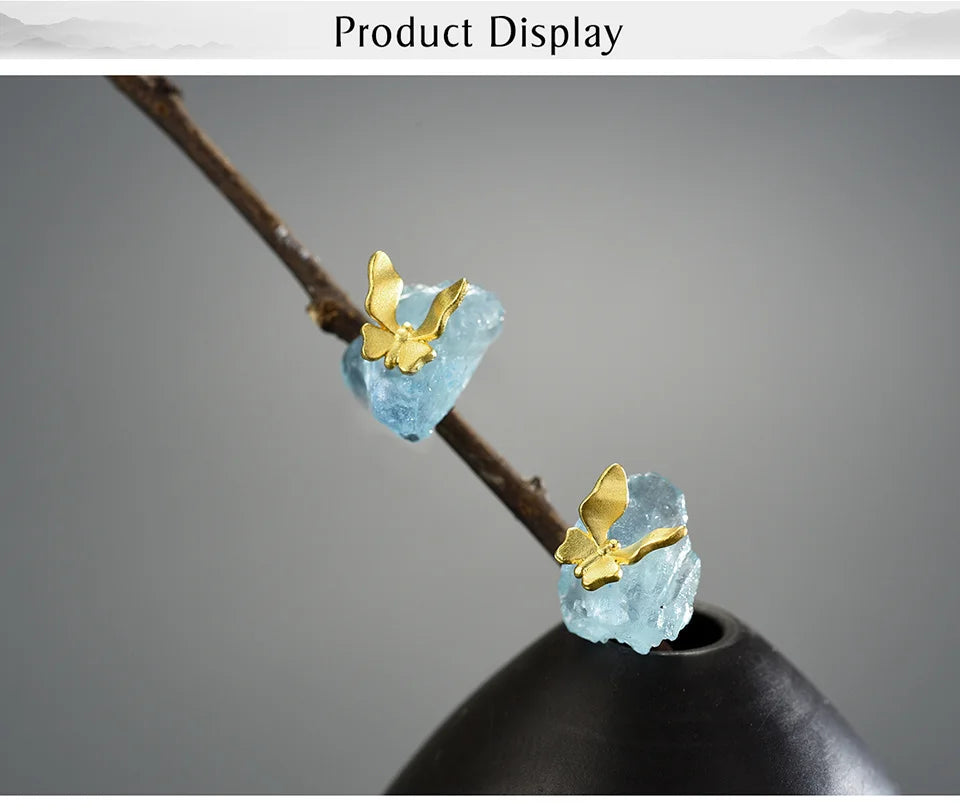 Butterfly Stud Earrings, 925 Sterling Silver Aquamarine Center Stone with Silver or Gold Butterfly Design