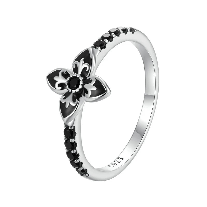 925 Sterling Silver Black Flower Jewelry Ring