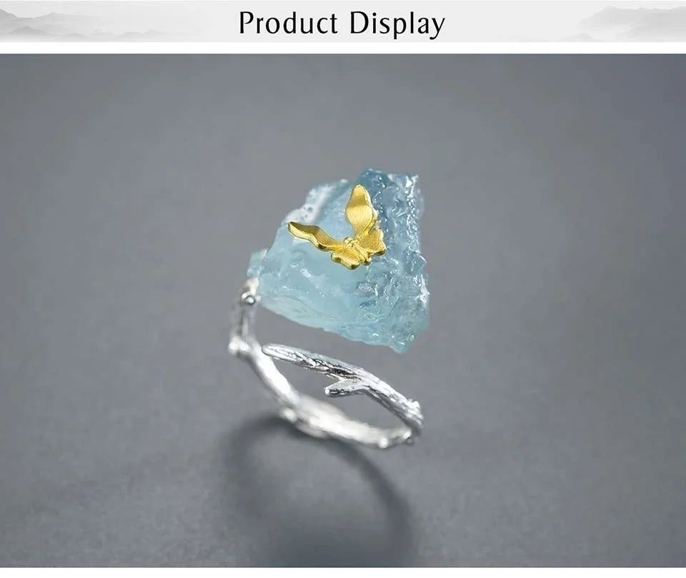 Adjustable Aquamarine Butterfly Ring – Original 925 Sterling Silver Luxury Gemstone Jewelry for Women
