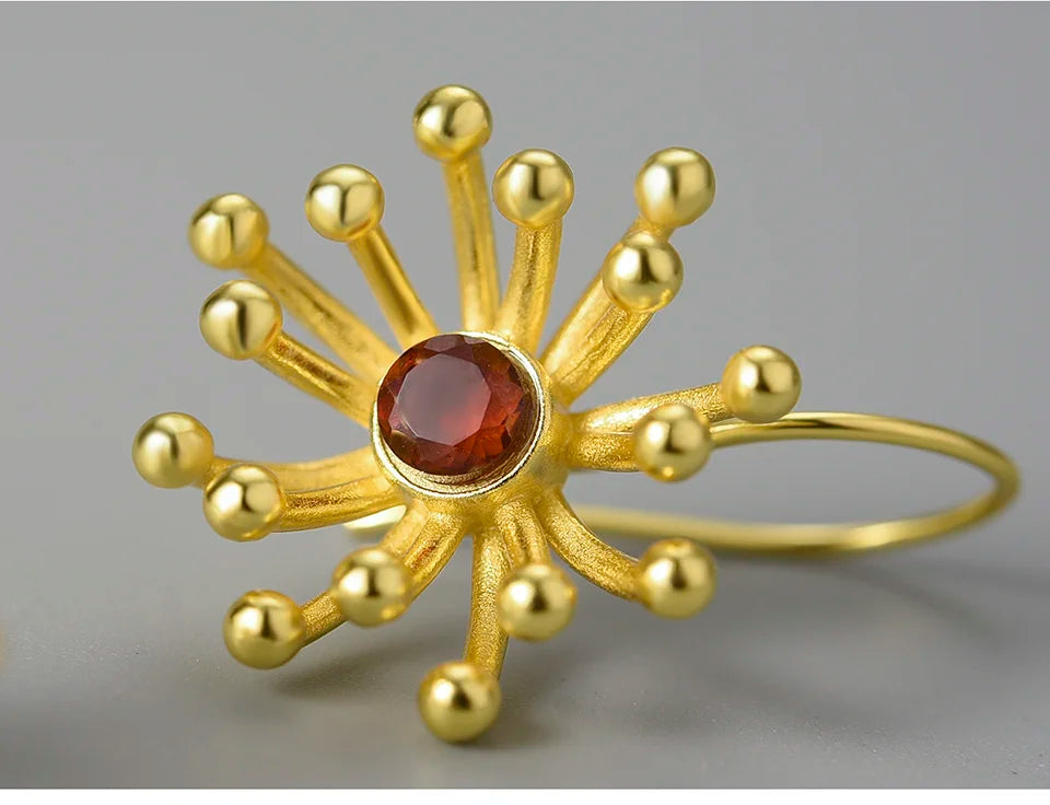 Handmade  925,  Silver Sterling Gold-Plated Starburst Earrings with Red Gemstone – Elegant Artistic Jewelry