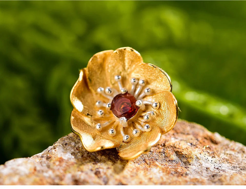 Handmade 18K Gold-Plated Floral Stud Earrings –  925 Sterling Silver with Multiple Gemstone Options