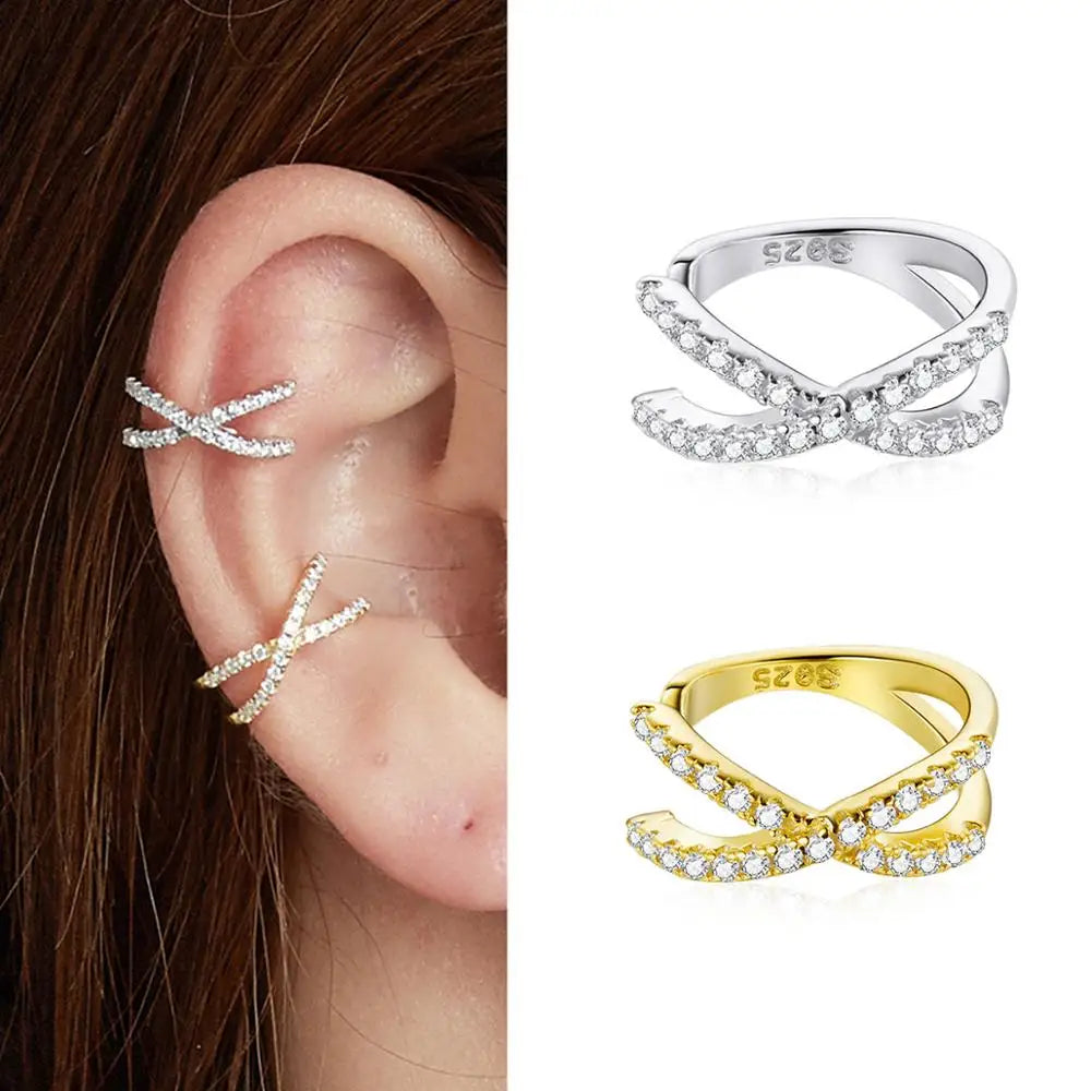925 sterling silver clip earrings with sparkling zircon stones in gold and silver finishes, elegant jewelry for women