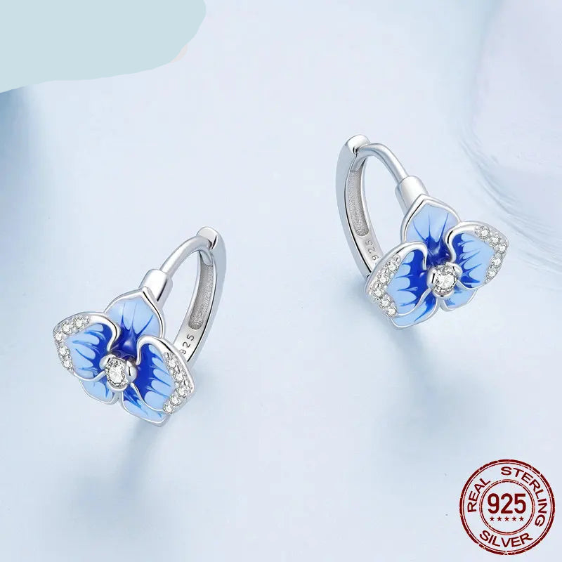 Blue  Butterfly Orchid  Sterling Silver 925 with ZC Floral Hoop Earrings
