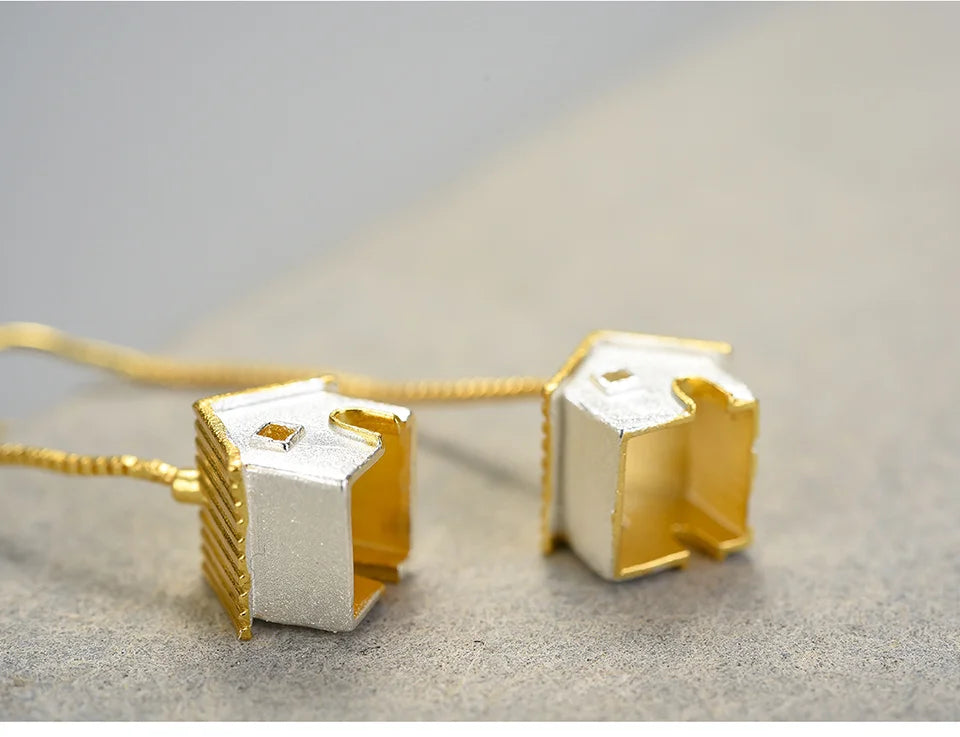 Handmade House Pendant Earrings – Real 925 Sterling Silver with Gold Plating