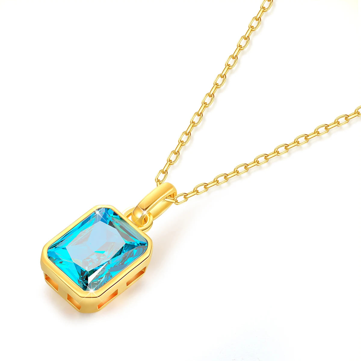 cubic zirconia pendant necklaces in blue elegant 18K gold-plated frames with matching gold chains.