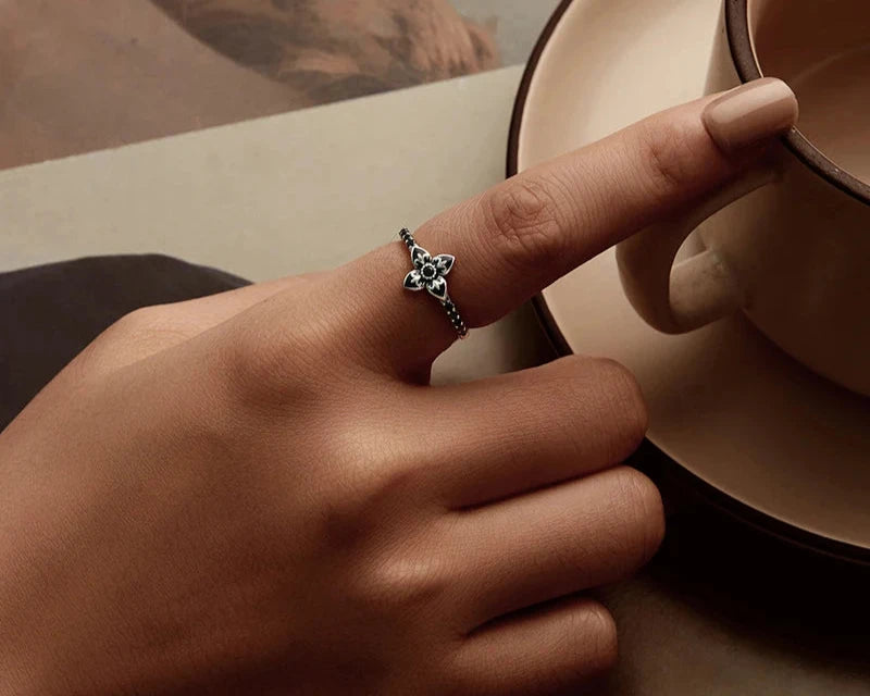 925 Sterling Silver Black Flower Jewelry Ring