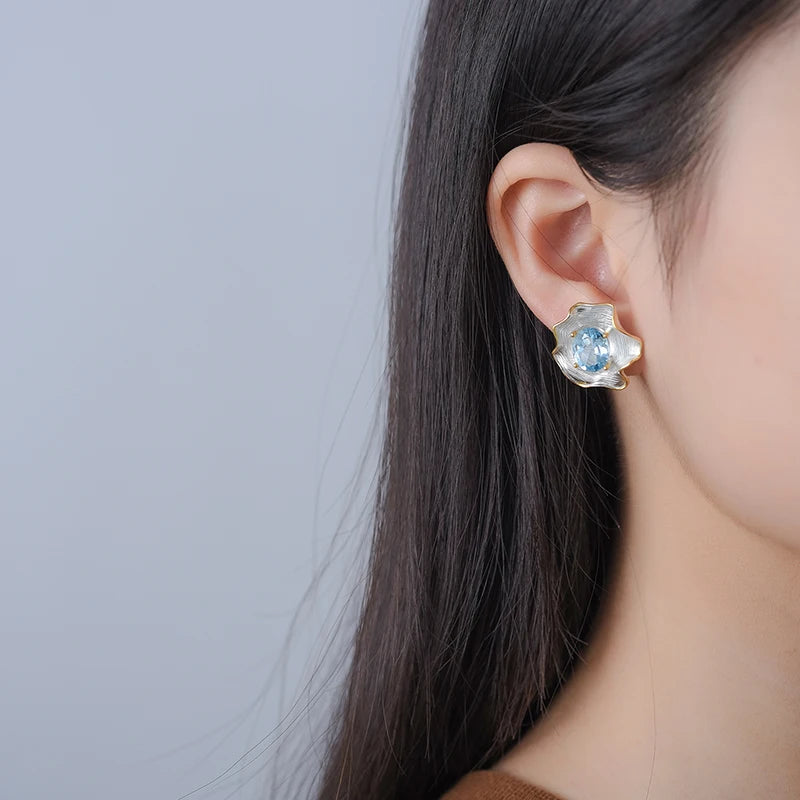 Handmade Blue Topaz Curled Floral Stud Earrings  – 18K Gold-Plated 925 Sterling Silver