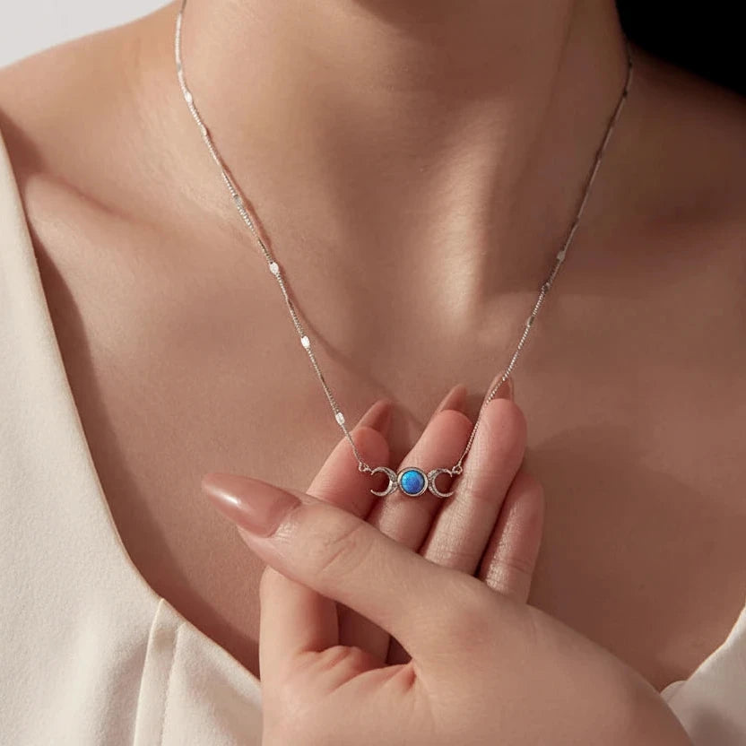 925 Sterling Silver Triple Moon Goddess Necklace with Blue Turquoise Stone and White Gold Plated Adjustable Chain