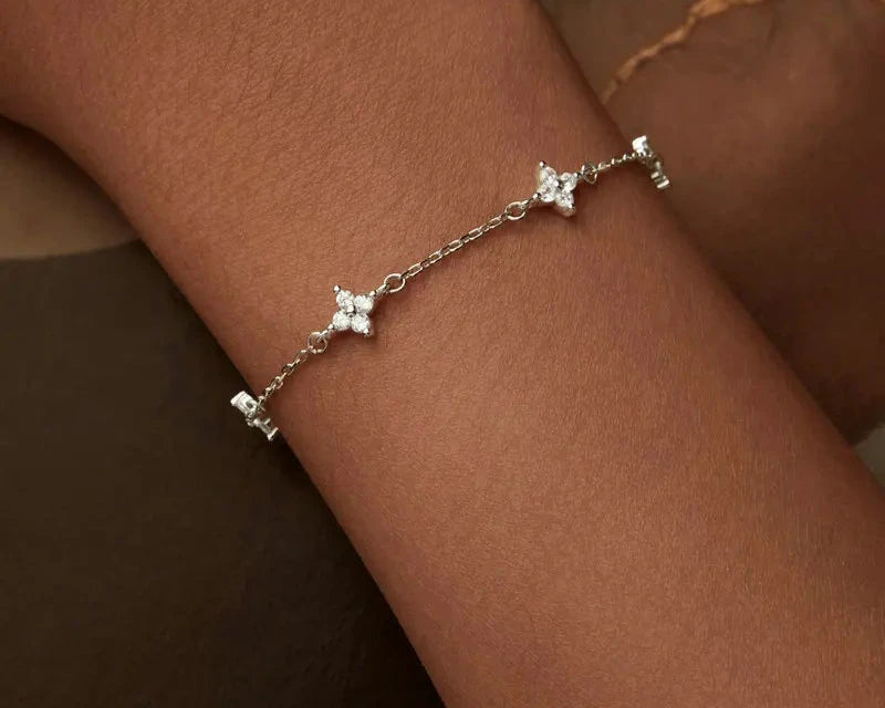 White Gold Plated Shiny Zircon Flower Bracelet  with Zircon Stones