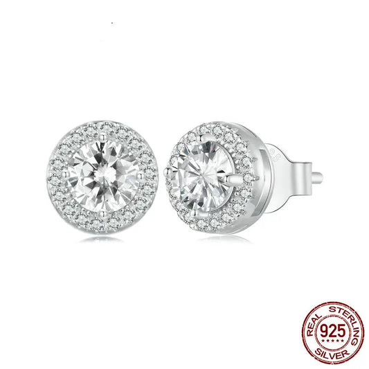 Halo Stud Earrings /925 Sterling Silver White Gold plated with Brilliant Cubic Zirconia