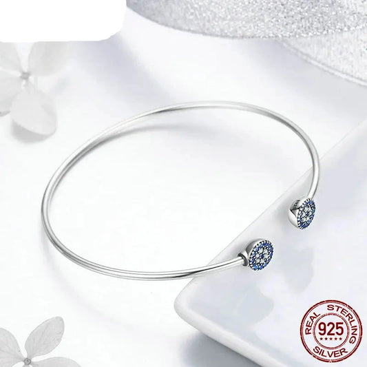 925 Sterling Silver Jewelry Open Bangle Bracelet with Blue Zircon Pavé End Caps

