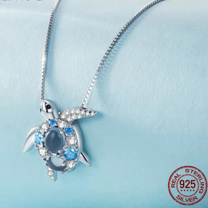 Blue Ocean Turtle jewelry Necklace – 925 Sterling Silver, Platinum Plated & ZC