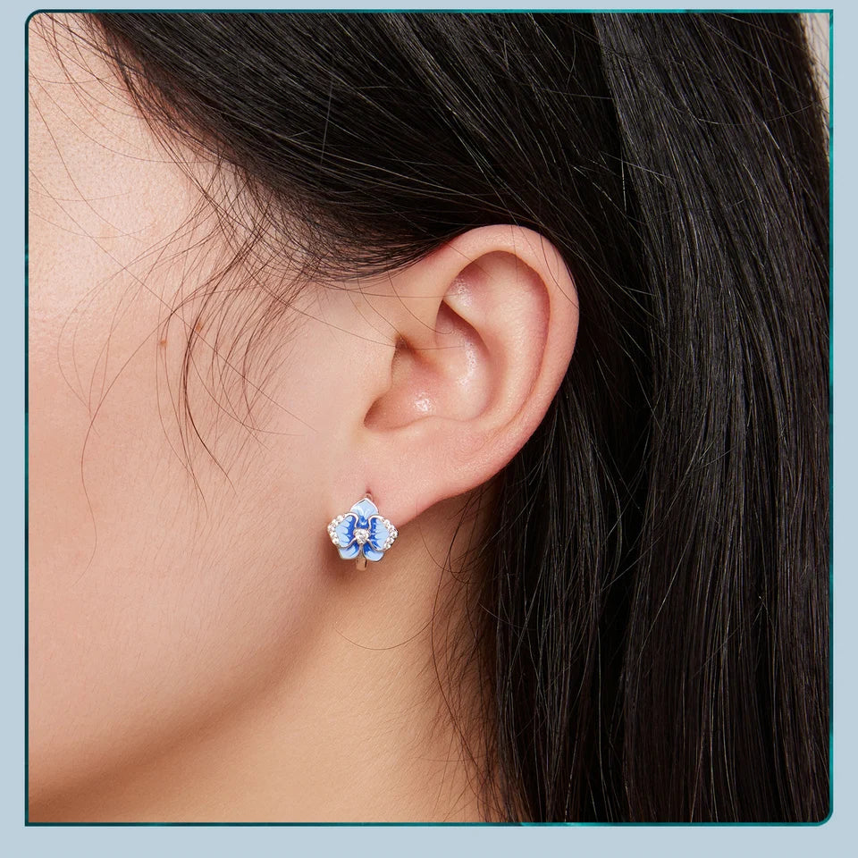 Blue  Butterfly Orchid  Sterling Silver 925 with ZC Floral Hoop Earrings