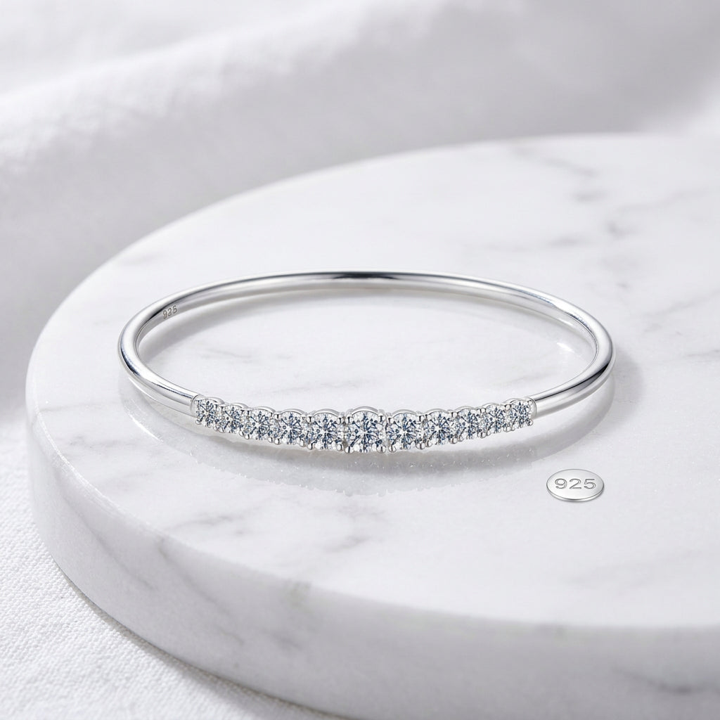 3.6CTTW Moissanite adjustable open bangle in 925 sterling silver featuring D color VVS1 clarity stones with excellent cut brilliance, fine jewelry bracelet.